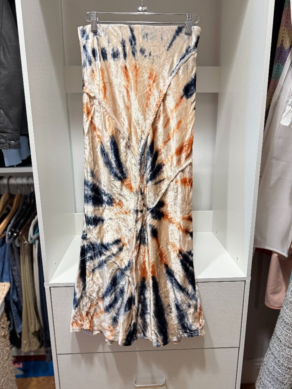 Free People maxi skirt in a soft velvet fabric with a striking spiral tie-dye pr